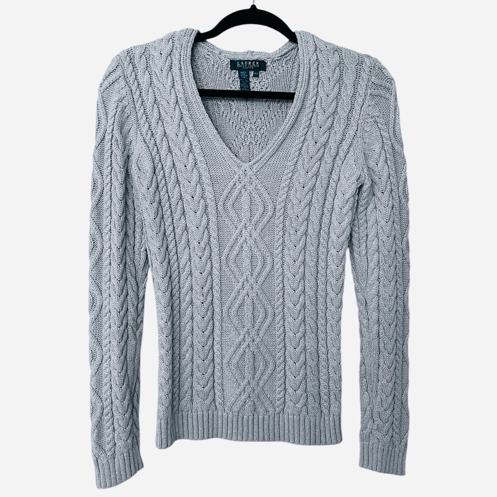 Lauren Ralph Lauren V-Neck Cable Knit Metallic Sweater Small Petite Light Gray